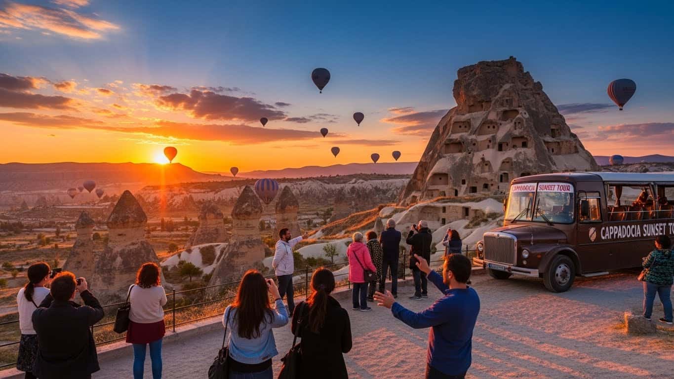 Couple watching sunset at Cappadocia panoramic viewpoint