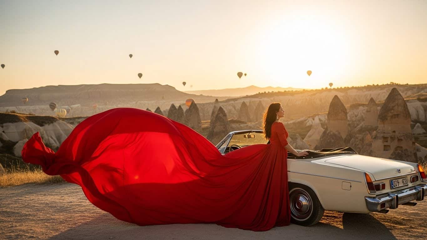 Aerial drone view of Cappadocia balloons