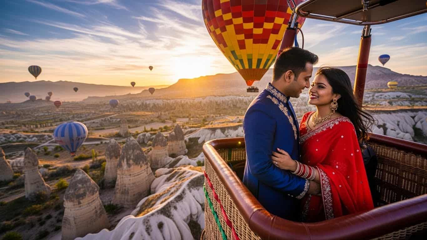 Couple enjoying private hot air balloon ride in Cappadocia