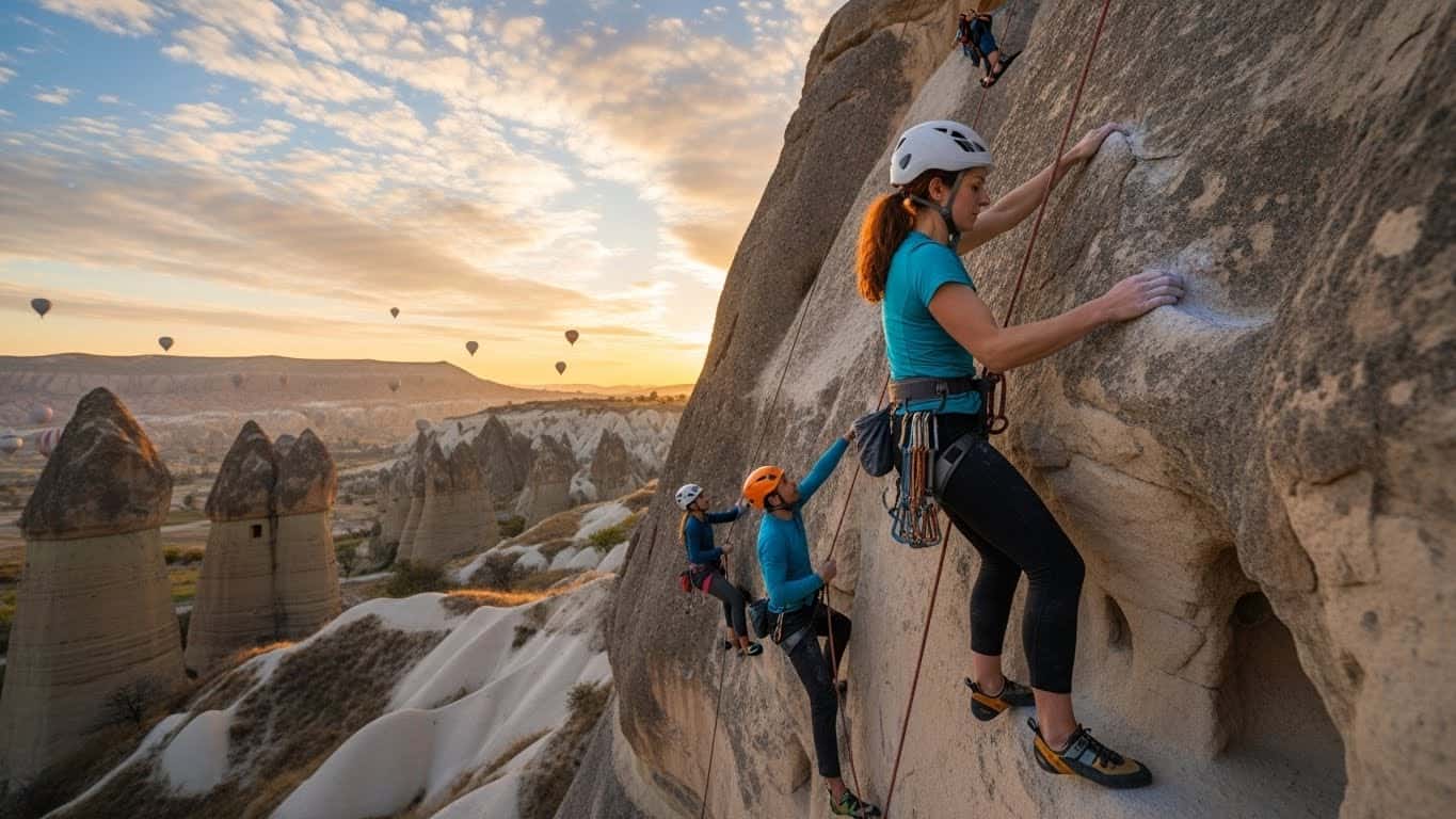Professional climbing guide assisting climber