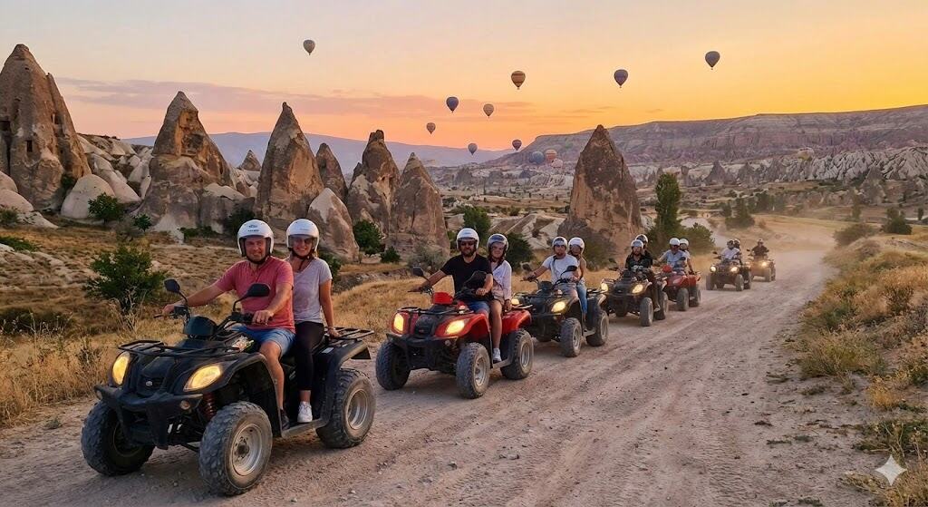 ATV Quad Bike rider driving through a dusty valley in Cappadocia at sunset.