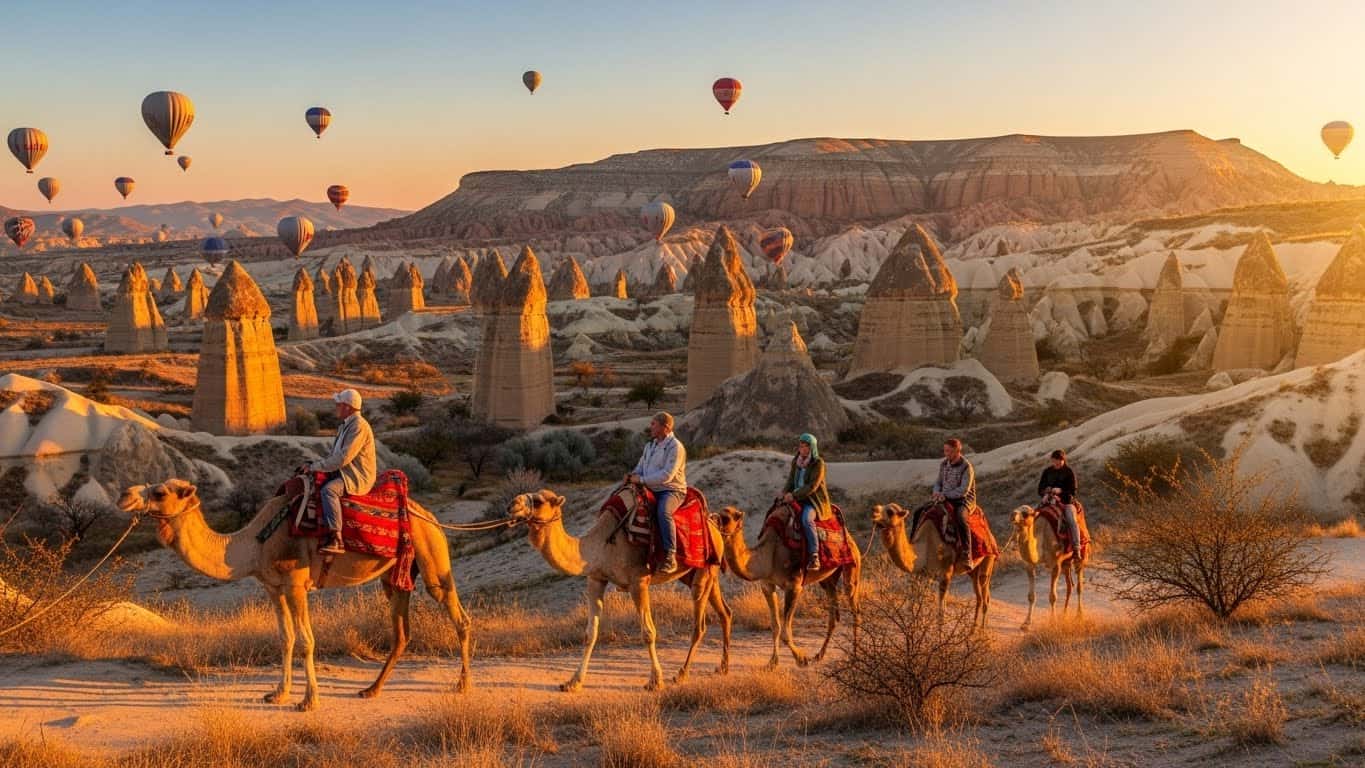 Tourists riding camels in Cappadocia valleys