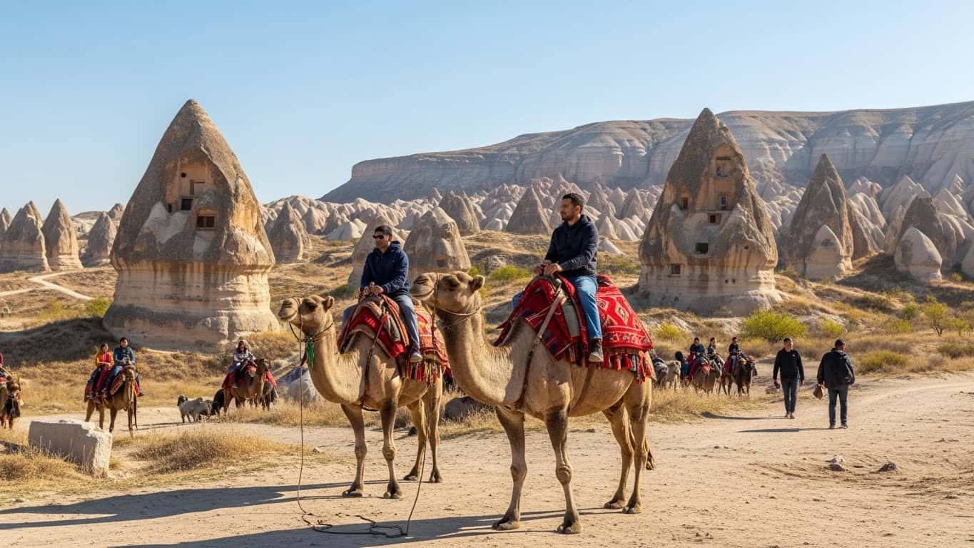 Sunset camel ride with fairy chimneys in background